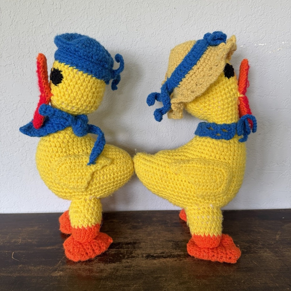 Vintage Crochet Duck Plush Pair Handmade Amigurumi Toy Set 1970s Kitsch Decor